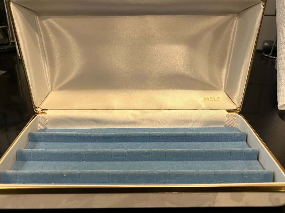 Vintage Mele Jewelry Box Cream Faux Leather with Blue Velvet Ring Slots